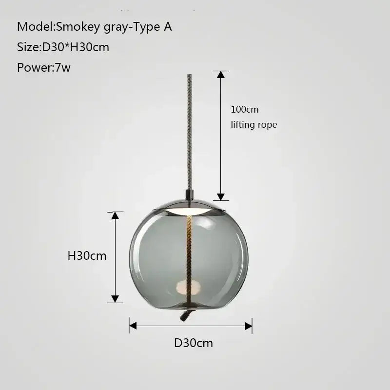 Modern gray glass chandelier knot pendant lamp with smokey spherical glass and textured rope suspension for dining room
