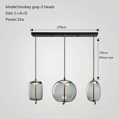 Modern gray glass knot pendant chandelier light with smokey gray glass shades and braided cords for dining room use