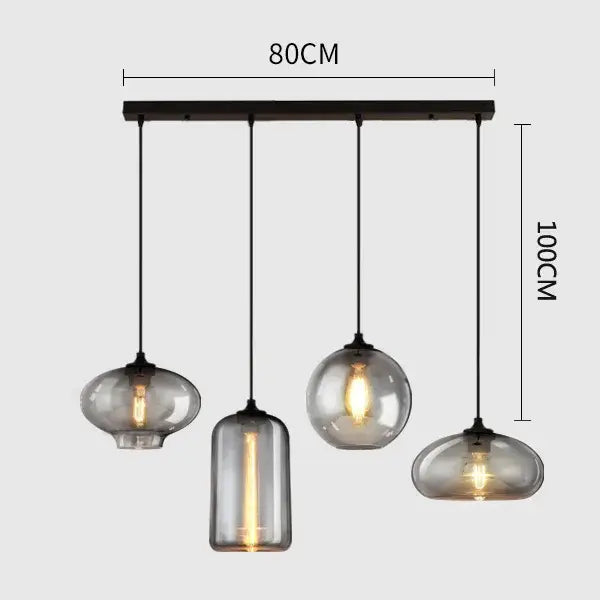 Modern gray glass pendant light set of 4 with smoked gray glass shades and black metal bar for dining room lighting