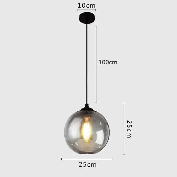 A set of four modern gray glass pendant lights featuring 25cm smoked glass globes with black metal mounts