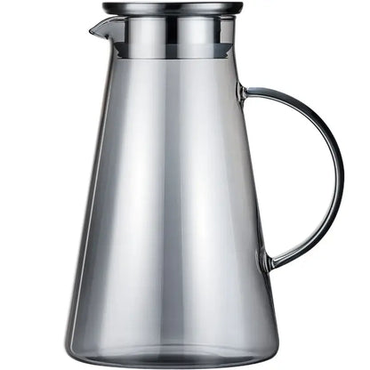Modern gray glass water pitcher with clear glass design and stainless steel lid and handle for serving glass water