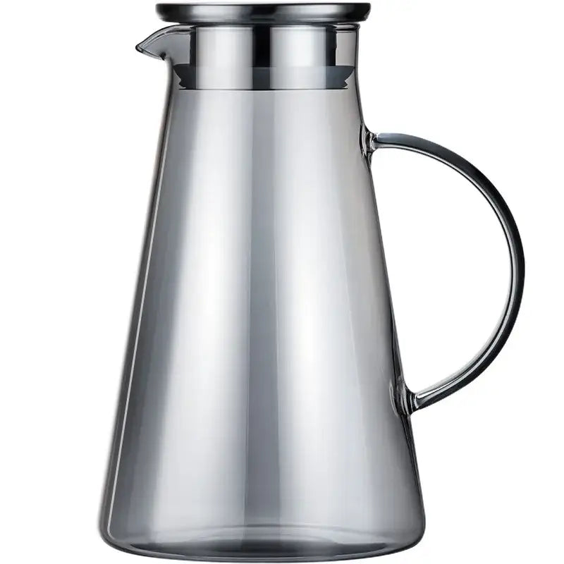 Modern gray glass water pitcher with clear glass design and stainless steel lid and handle for serving glass water