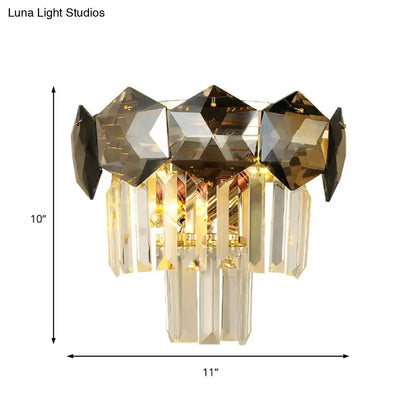 Luxurious gold-toned wall light fixture with faceted amber and clear crystals for modern restaurant wall lamp designs