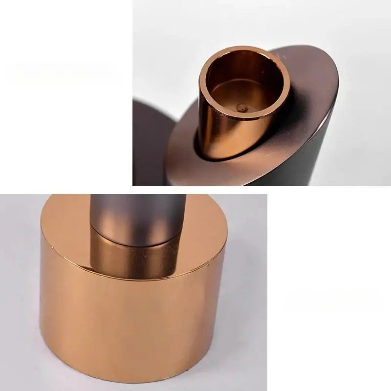 Copper-finished cylindrical candle holder with modern design for dining room decor featuring a geometric helical pipe