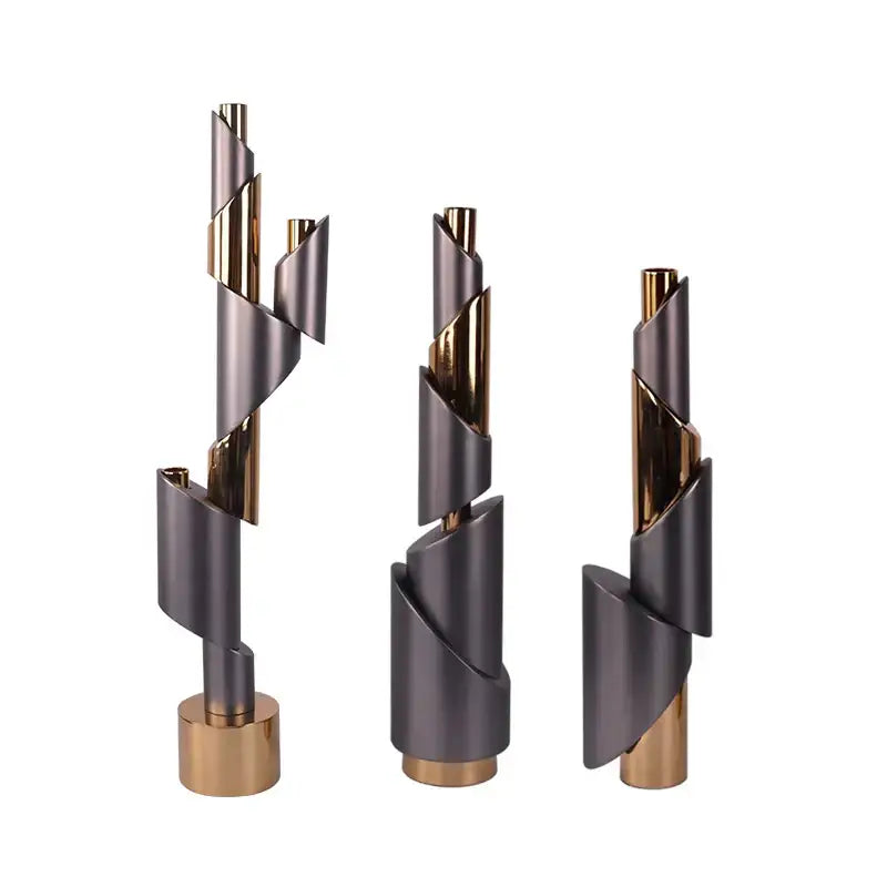 Set of three modern gray and gold metallic helical pipe candle holders decorbites geometric helical design for dining room decor