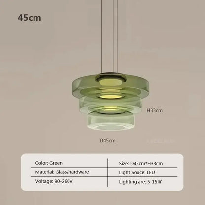 Modern gray and green tiered glass pendant light with layered circular design and led illumination for dining room