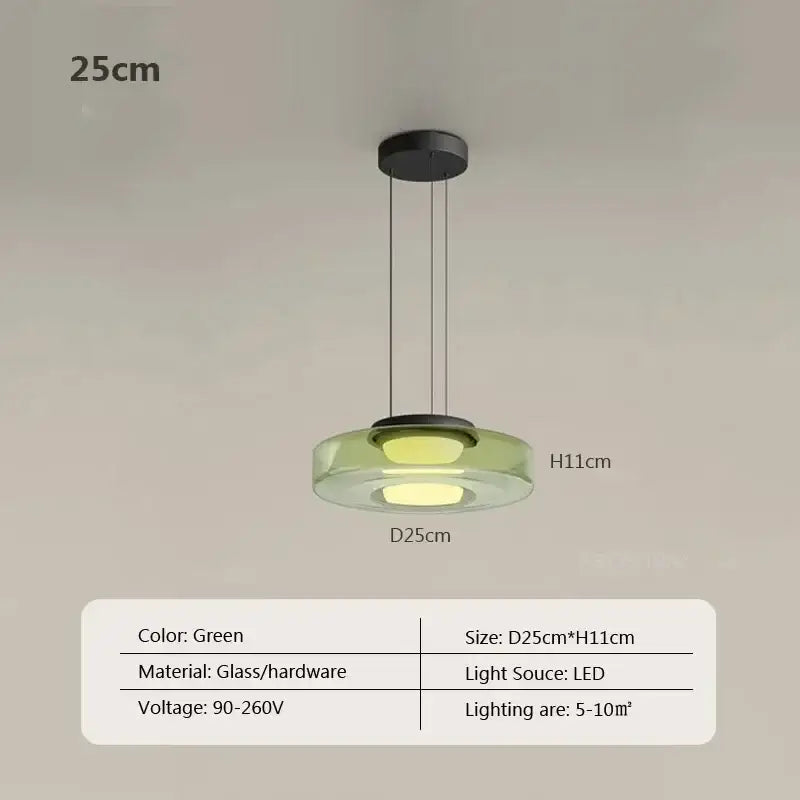 Modern gray and green tiered glass pendant light with LED lighting and circular design for dining room use