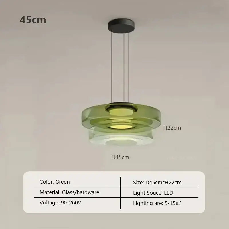 Modern gray and green tiered glass pendant light with sleek layered circular design and led lighting for dining room
