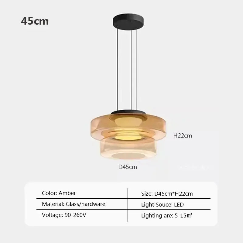 Amber-colored tiered glass pendant light with black hardware modern design for dining room illumination