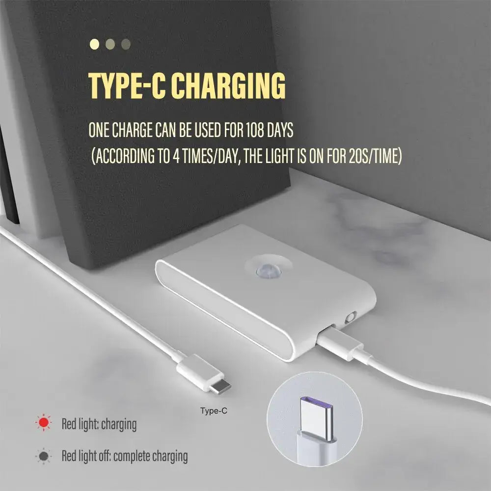 Modern gray induction night light wall lamp shown with a white portable charger featuring type-c port and indicator light