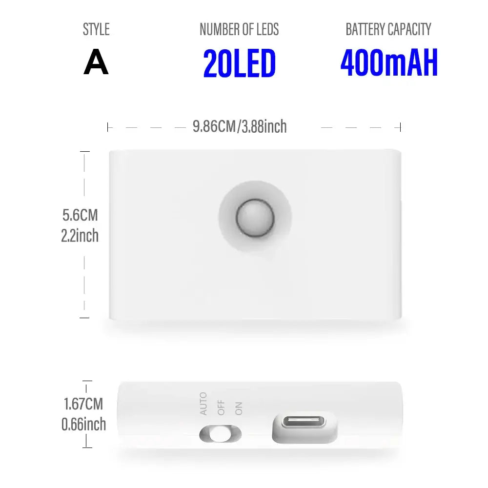 Modern gray induction night light wall lamp with 20 leds, 400mah battery, usb-c charging and auto on off switch