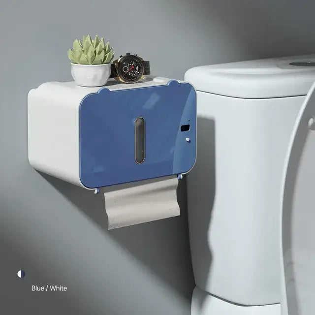 Modern gray induction toilet paper holder with blue and white wall-mounted paper holder for bathroom use
