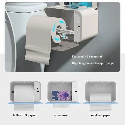 White abs plastic toilet paper holder with telescopic hanger and integrated slot for various roll types bathroom use
