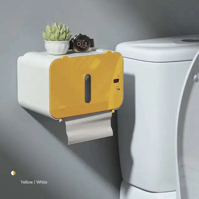 Modern gray induction toilet paper holder with sleek yellow and white wall-mounted paper holder design for bathroom shelf