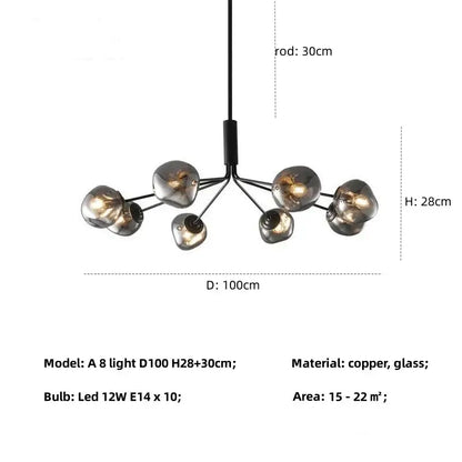 Modern gray lava glass chandelier with copper frame and eight smoked-glass globe bulbs for dining room lighting
