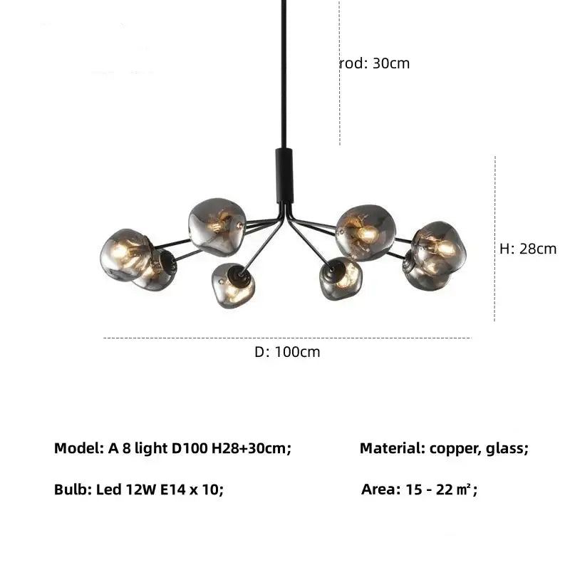 Modern gray lava glass chandelier with copper frame and eight smoked-glass globe bulbs for dining room lighting