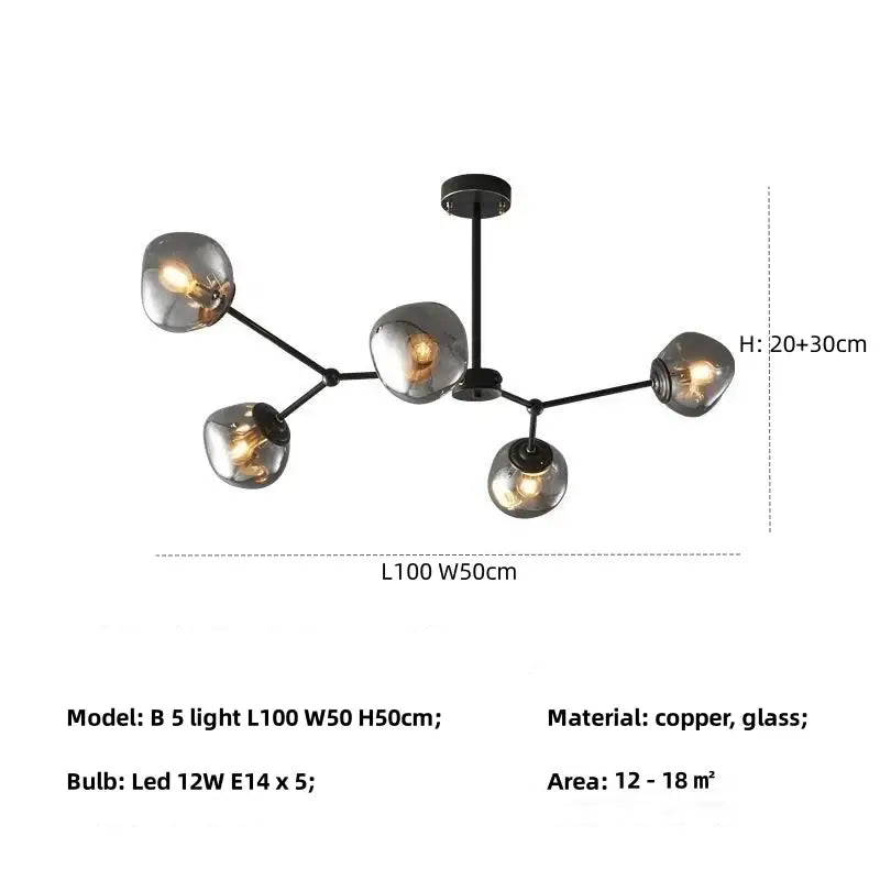Modern black copper chandelier with five spherical smoked gray lava glass shades for dining room lighting