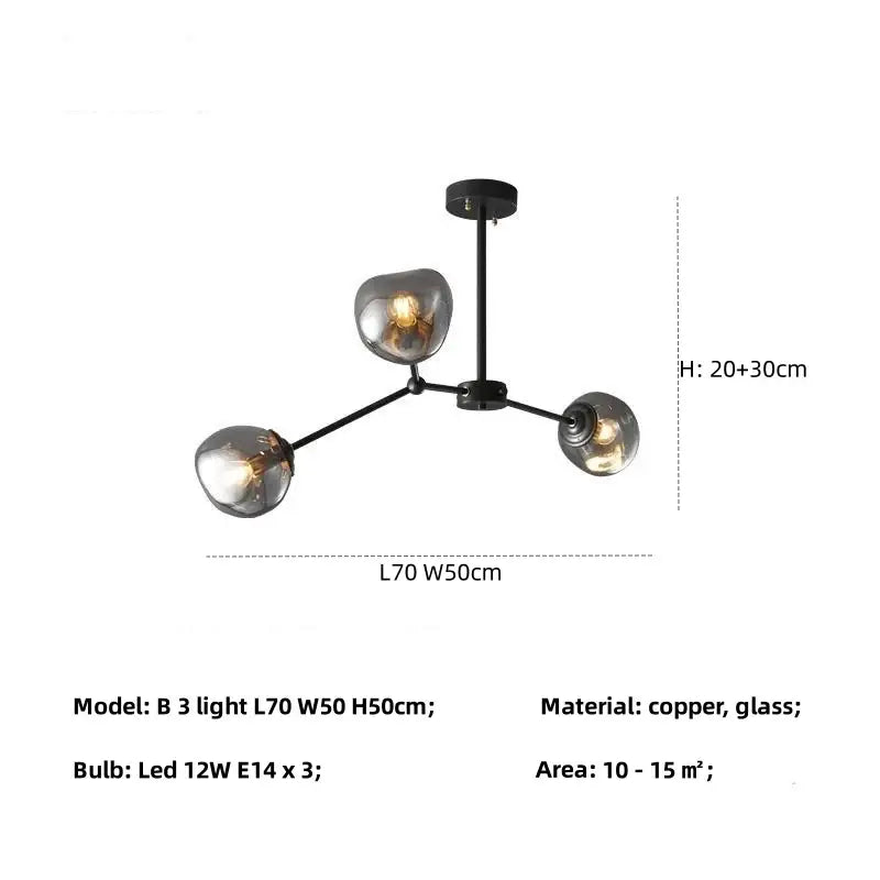 Modern black copper and gray lava glass chandelier with three lights and smoked glass for dining room lighting