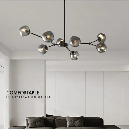 Modern black metal chandelier with gray lava glass spherical reflective globes for dining room led pendant light