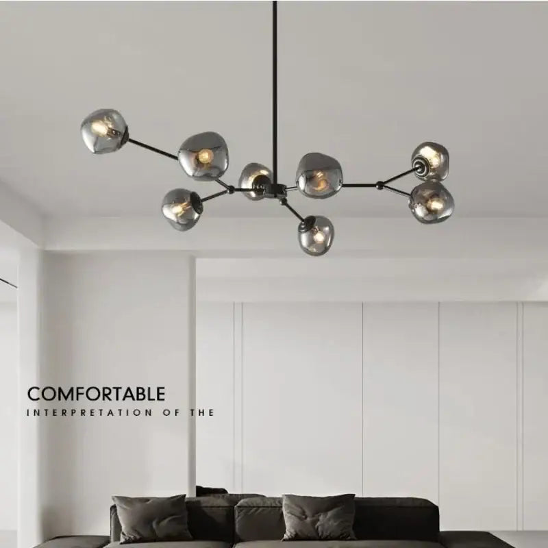 Modern black metal chandelier with gray lava glass spherical reflective globes for dining room led pendant light