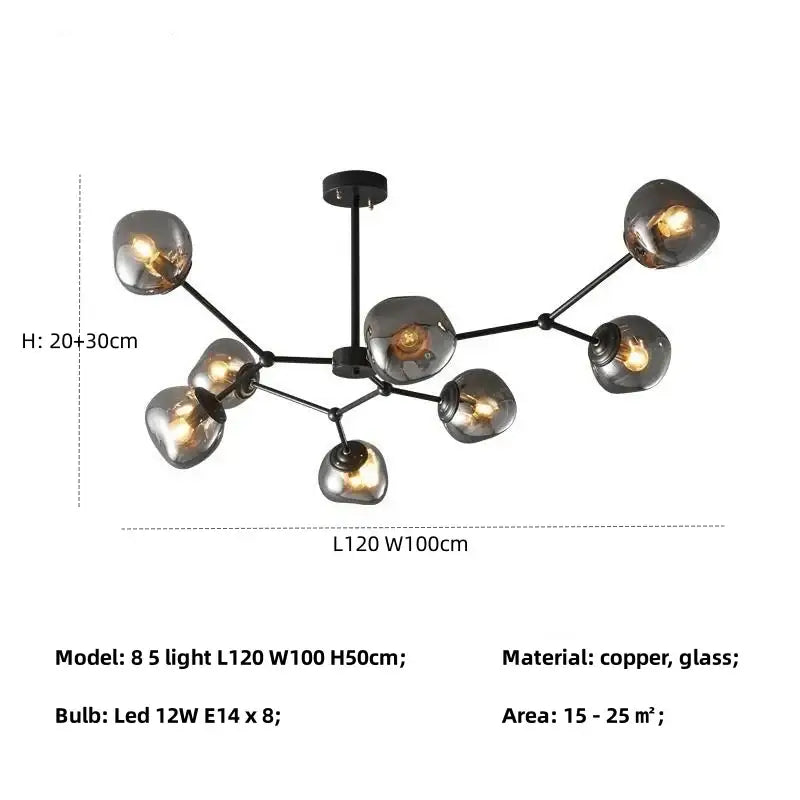 Modern gray lava glass chandelier with eight-light black copper frame and smoked globe shades for dining room lighting