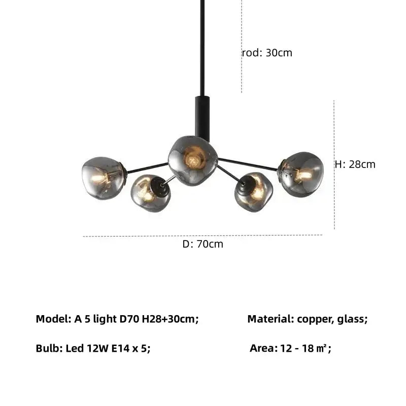 Modern gray lava glass chandelier pendant light with black rod copper frame and smoked glass globes for dining room lighting