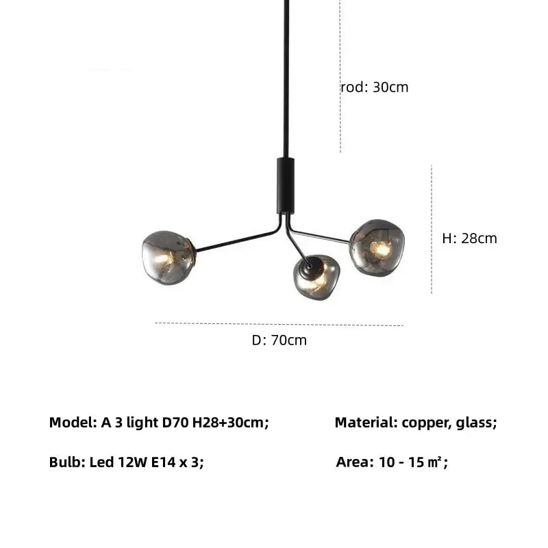 Modern gray lava glass chandelier with three frosted glass globe shades and black copper rod for dining room lighting