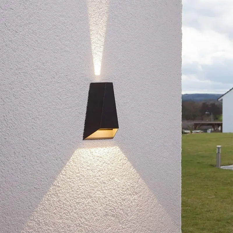 Modern gray led wall washer outdoor sconce with black geometric design and warm focused light for garden decorbites led wall