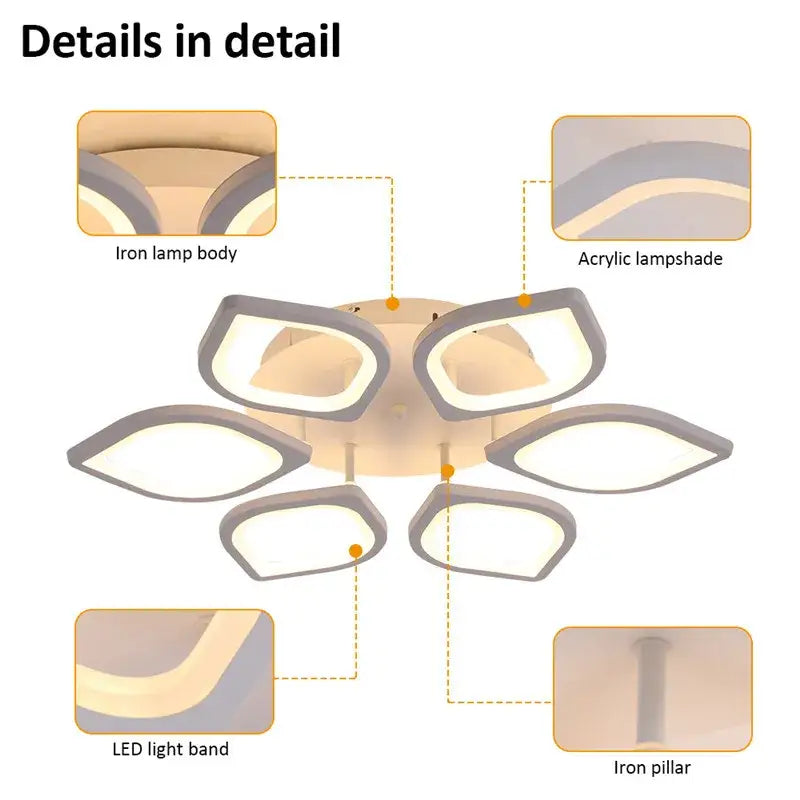 Modern gray petal acrylic led ceiling chandelier with iron base featuring six lampshades for living room decorbites acrylic led