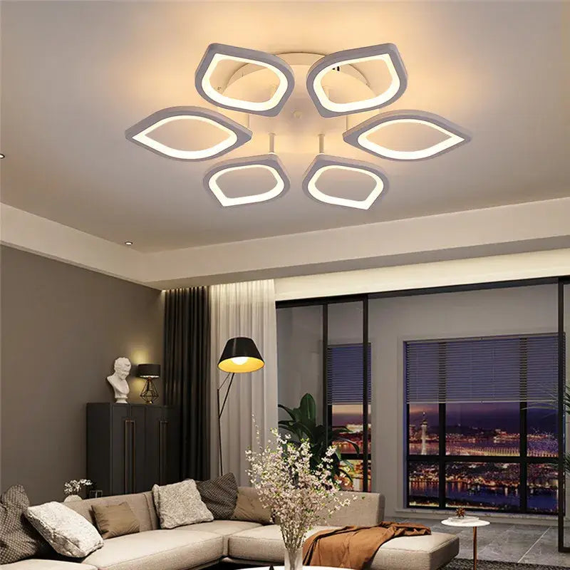 Modern gray petal acrylic led ceiling chandelier featuring six glowing fixtures with sleek gray frames for living room decorbites acrylic led