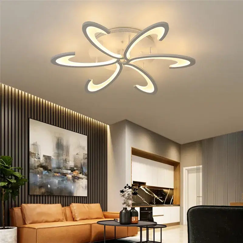 Modern gray petal acrylic led ceiling chandelier with five curved arms in matte white and silver for living room decorbites acrylic led ceiling