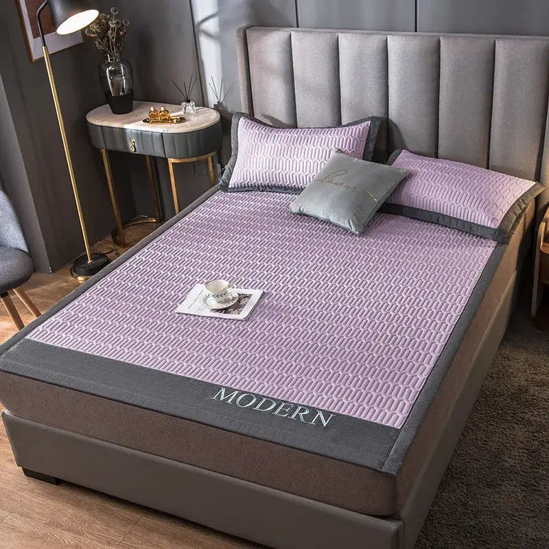 Purple quilted cooling latex bed mat with gray border and modern embroidery for bedroom use