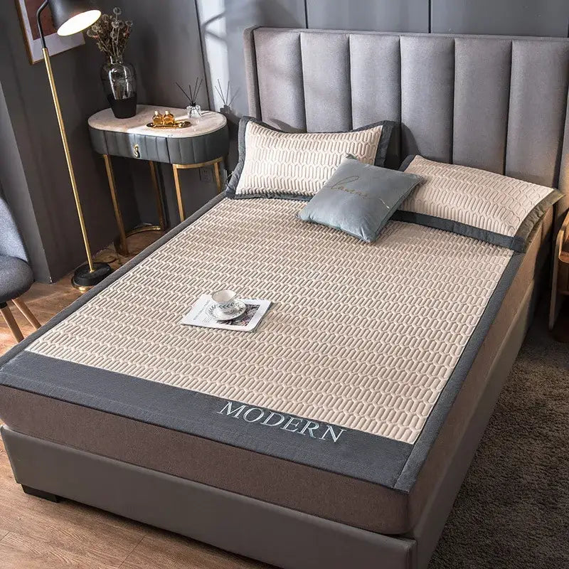 Beige and gray modern cooling latex bed mat with quilted embossed pattern and stitched edges for bedroom use