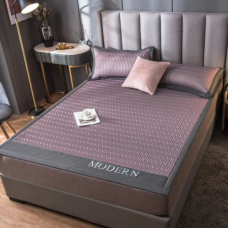 Purple quilted cooling latex bed mat with gray border and modern embroidery for bedroom geometric cover