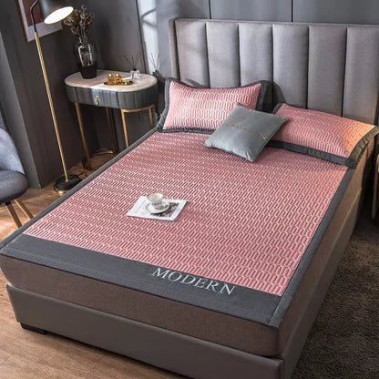 Pink quilted cooling latex bed mat with gray border and modern embroidery for bedroom use