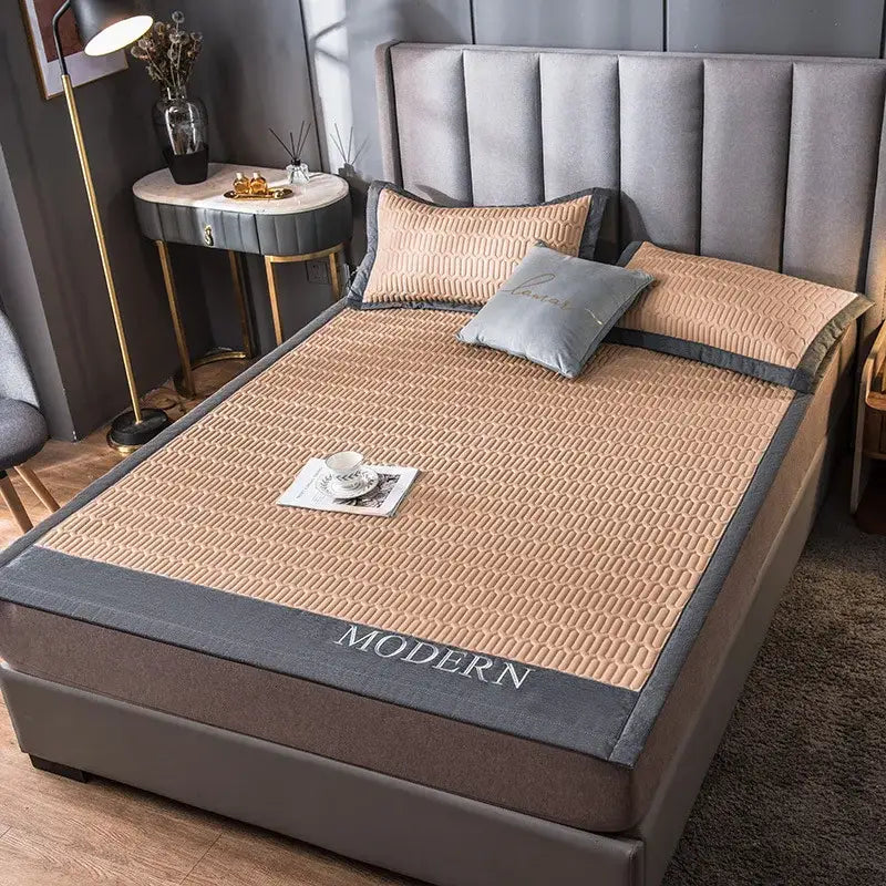 Beige and gray modern gray quilted cooling latex bed mat with textured woven pattern for bedroom use