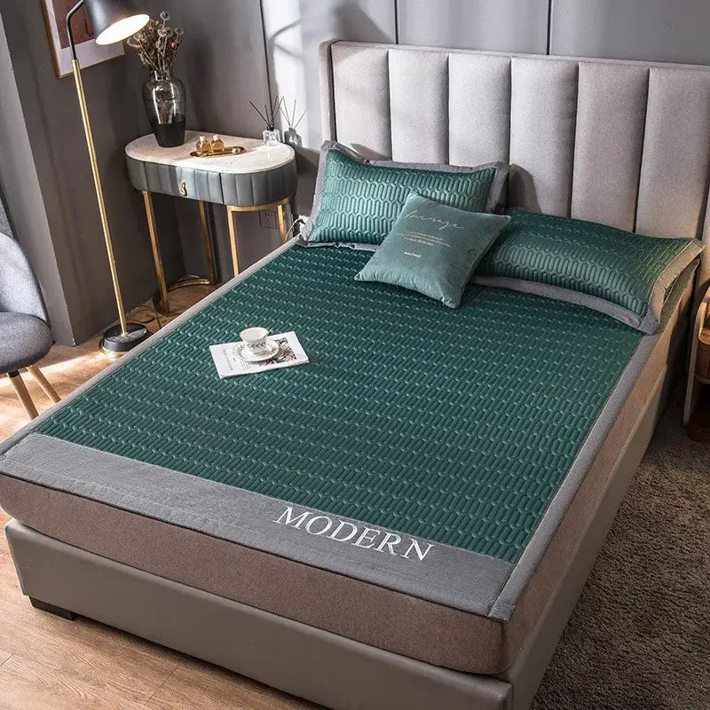 Teal quilted cooling latex bed mat with gray border and modern embroidery for bedroom geometric cover