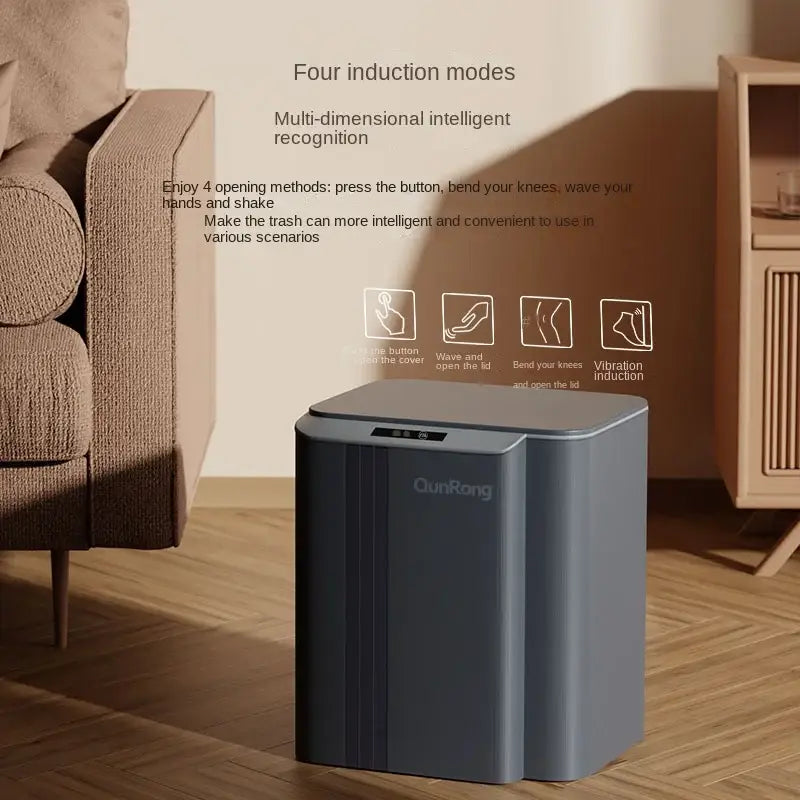 Modern gray smart sensor trash can with sleek design and qunrong branding for kitchen and bathroom use