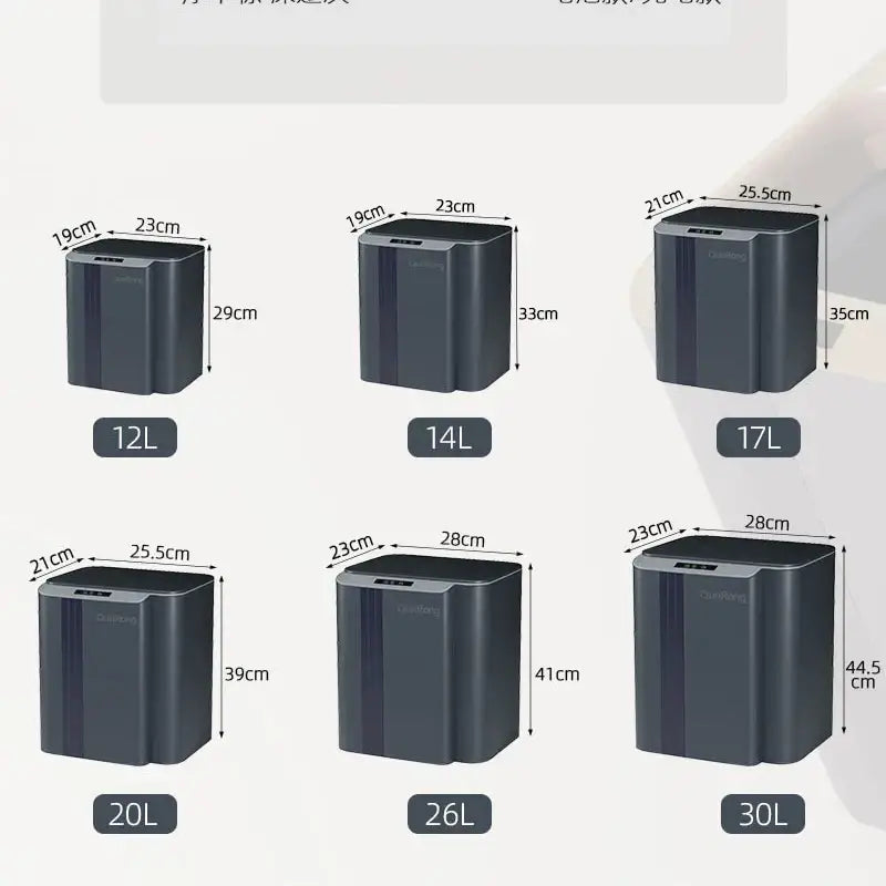 Black rectangular modern gray smart sensor trash cans with labeled capacity for kitchen and bathroom use