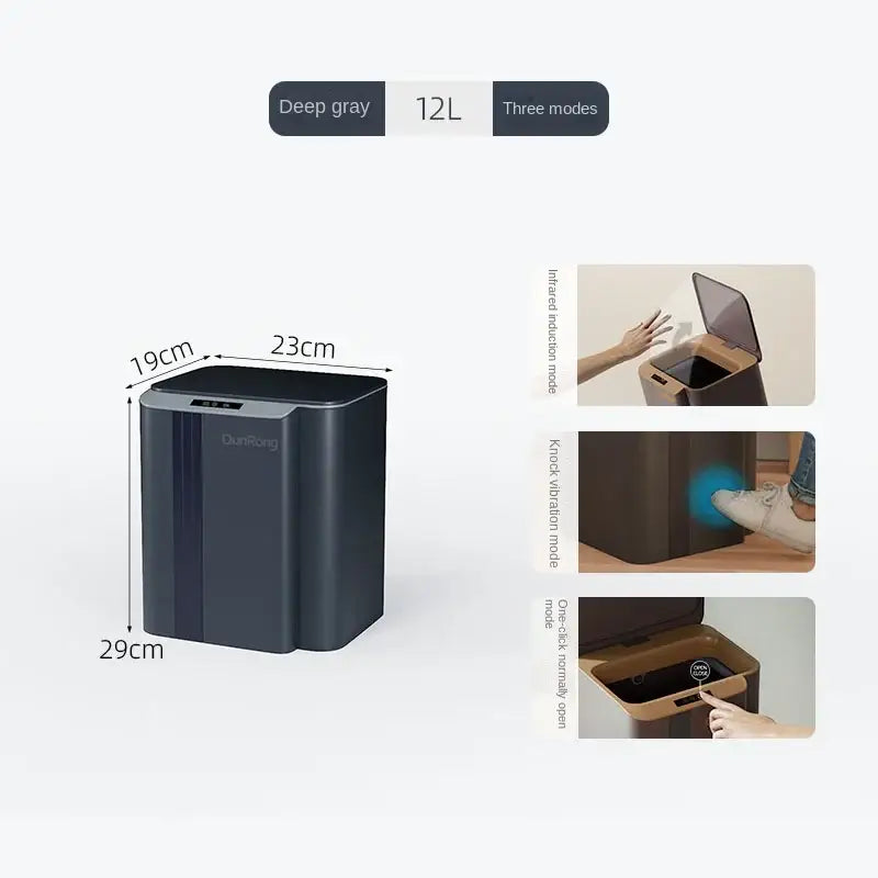 Modern gray 12l smart sensor trash can with three operational modes for kitchen and bathroom use