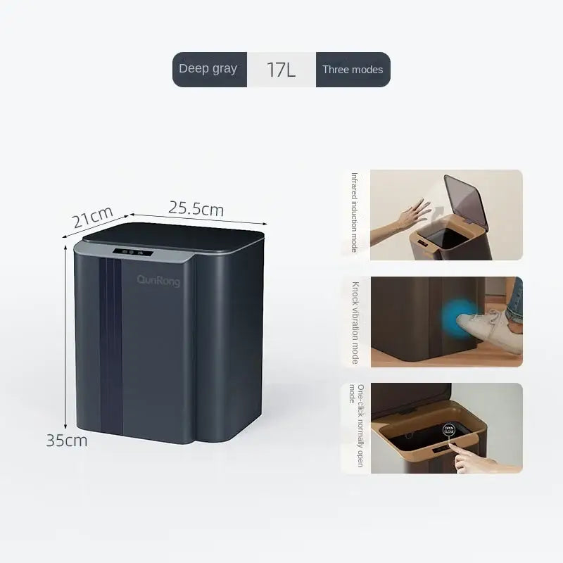 Modern gray smart sensor trash can 17l with three opening modes for kitchen and bathroom use