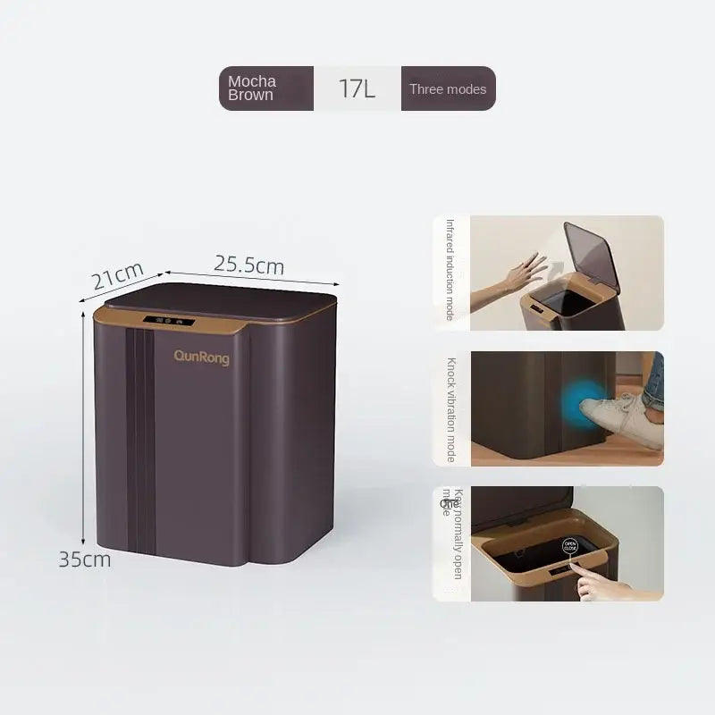 Mocha brown 17l qunrong smart sensor trash can with three opening modes for kitchen and bathroom use
