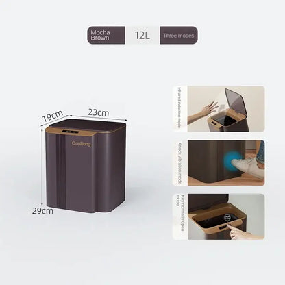 Mocha brown 12l smart sensor trash can with gold trim and three operational modes ideal for kitchen and bathroom