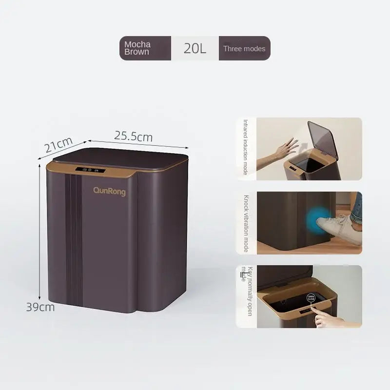 Modern gray smart sensor trash can with mocha brown 20l capacity, gold trim, and three sensor trash opening modes