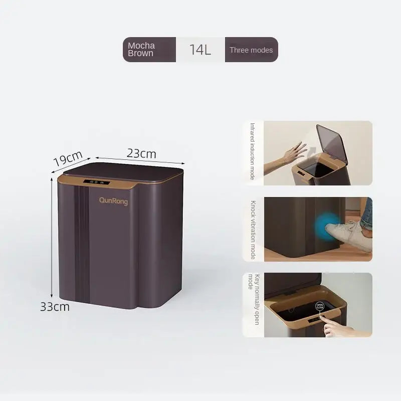 Mocha brown 14l smart sensor trash can with gold trim and three opening modes for kitchen and bathroom use