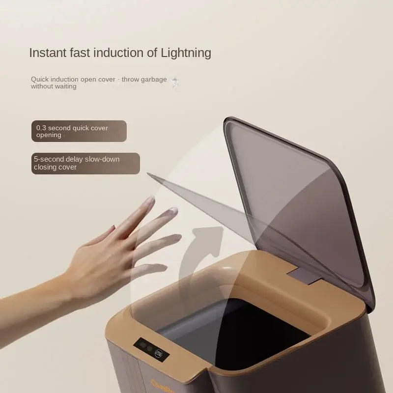 Modern gray smart sensor trash can with sleek matte black and beige body and transparent lid for kitchen and bathroom use