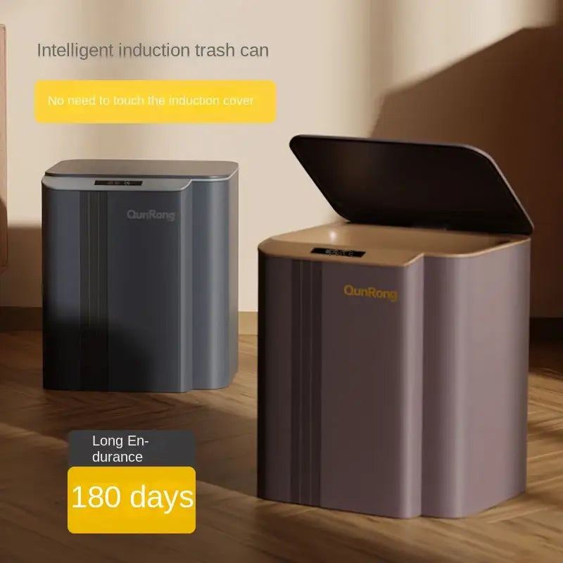 Two sleek modern smart sensor trash cans in matte gray and taupe with black lids for kitchen and bathroom use