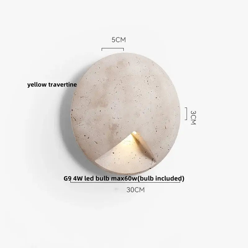 Modern gray stone double led wall lamp featuring a circular beige-yellow travertine stone sconce with recessed triangular light
