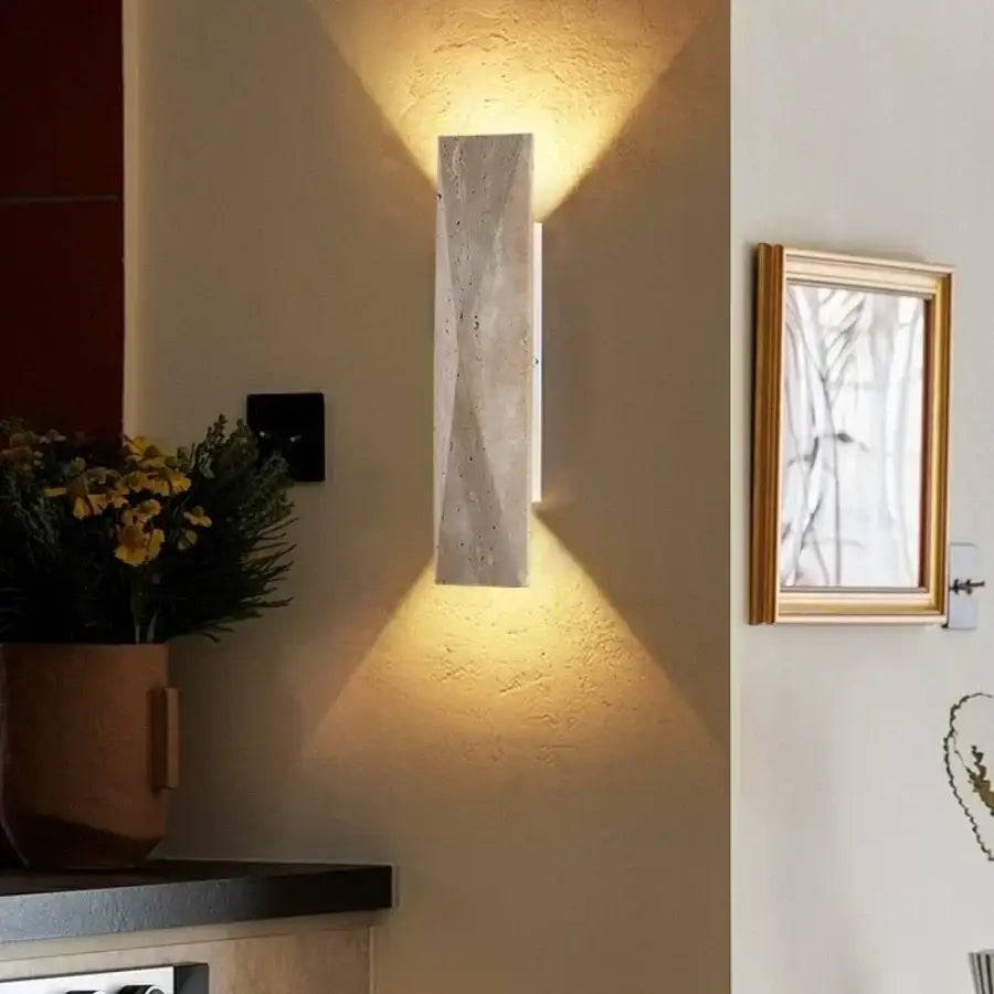 Modern gray stone double led wall lamp with textured concrete surface and subtle geometric patterns for bedroom use