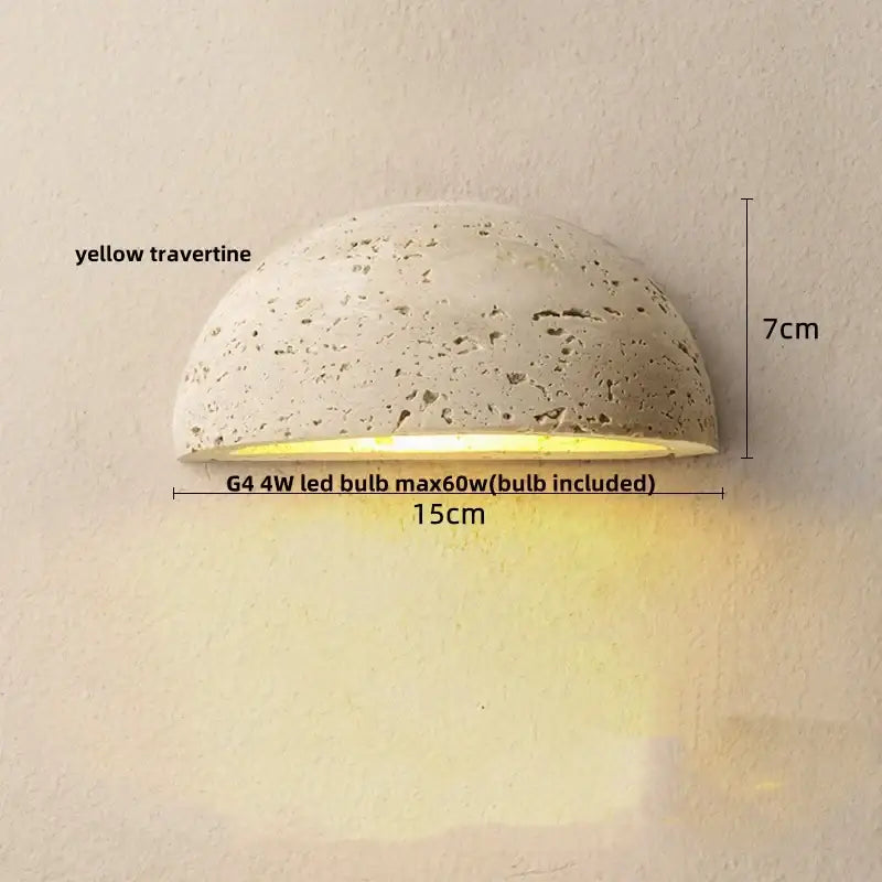 A modern gray stone double led wall lamp with a half-moon yellow travertine sconce and warm led light source